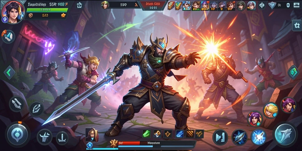 Tangkapan layar gameplay <strong>55RP</strong> menampilkan aksi seru di medan perang MOBA.