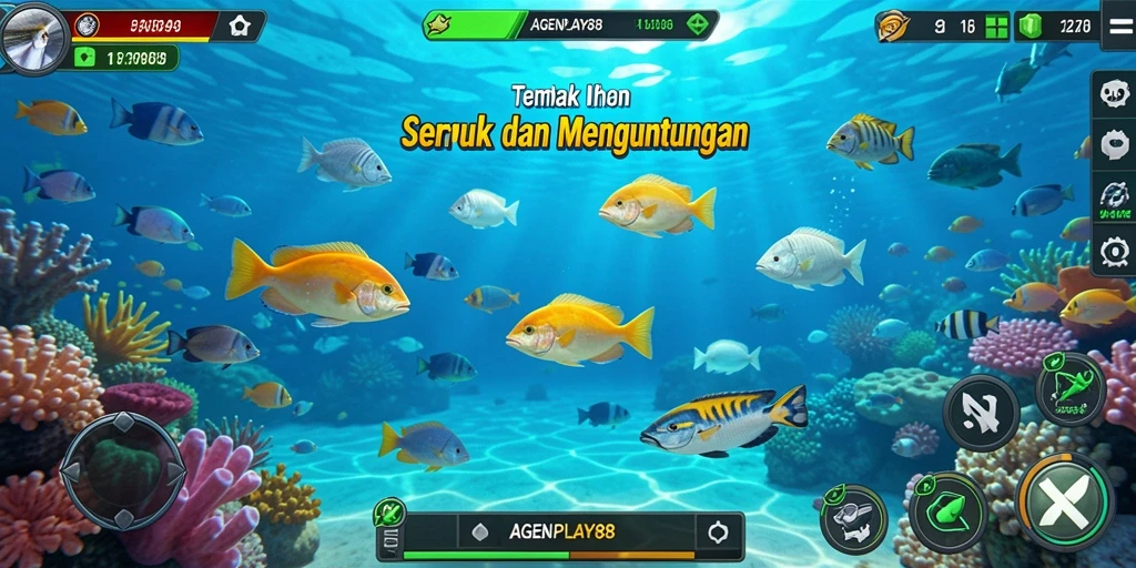 Gameplay seru AGENPLAY88 menembak ikan berwarna-warni.