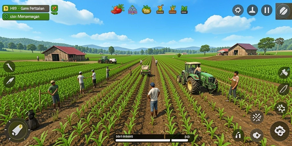 Screenshot gameplay H89 menampilkan aktivitas bertani dan panen.