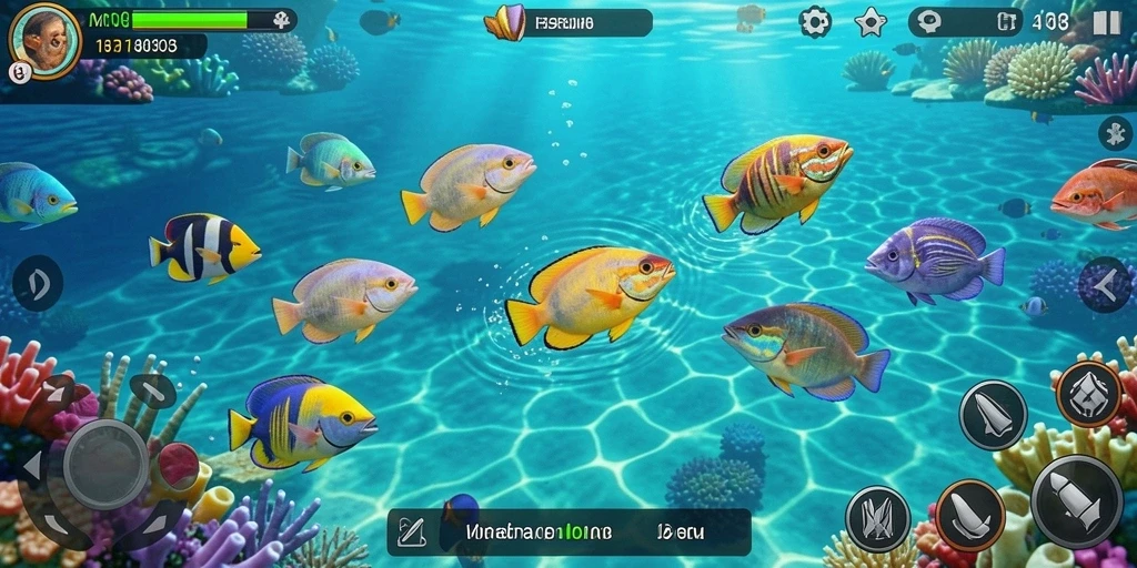 Tampilan gameplay seru dalam MPO08 dengan banyak ikan untuk ditembak.